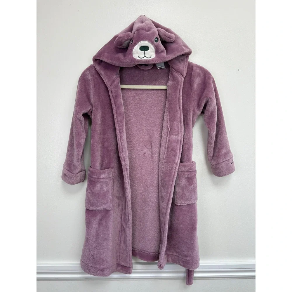 L.L. Bean Big Kids Cozy Hooded Bear Robe Size 4 Plush Purple Pockets Wrap Tie